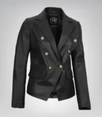Kim women’s premium black leather blazer jacket with double-breasted closure