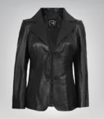 Women’s premium black leather blazer jacket with two buttons