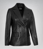 Women’s premium black leather coat with double-breasted closure