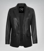 Women’s premium black leather blazer jacket with two buttons