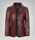 Women’s premium burgundy leather blazer jacket with three buttons