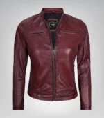 Stylish women’s burgundy leather biker jacket