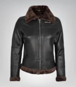 Stylish women’s dark brown leather bomber jacket with shearling lining