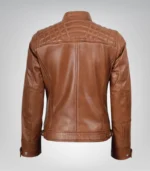 Stylish women’s tan leather moto jacket in lambskin with quilted panels