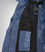 Stylish women’s blue leather motorcycle jacket with modern silhouette