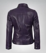 Stylish women’s purple leather moto jacket with collar detailing