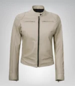 Stylish women’s beige leather moto jacket with Dodge-inspired details