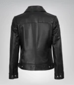 Stylish women’s black leather Harrington jacket featuring a shirt collar