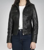 Stylish women’s black biker-style leather moto jacket