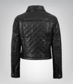 Stylish women’s black real leather crop jacket featuring quilted panels
