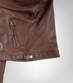 Stylish women’s cognac leather moto jacket with quilted shoulder design