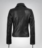 Stylish women’s genuine black leather moto jacket with angled zip