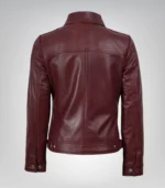 Stylish women’s burgundy leather jacket with classic collar design