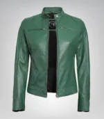 Stylish women’s green biker jacket in genuine leather