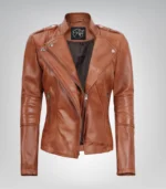 Stylish tan asymmetrical leather biker jacket for women