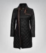Women’s stylish quilted black leather coat with brown detailing