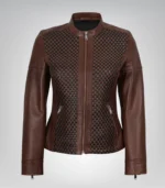 Premium cognac biker jacket for women featuring a textured finish