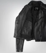 Premium women’s black leather moto jacket with angled zipper