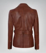 Stylish women’s cognac waxed leather biker jacket with four-pocket design