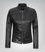 Premium black leather bomber jacket for women with removable hood
