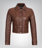 Stylish women’s cognac leather cropped jacket with quilted design