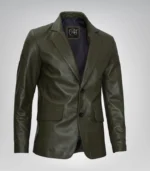 Stylish men’s olive green leather blazer jacket featuring two-button design