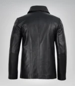 Stylish men’s black leather blazer featuring two-button design and notch lapel