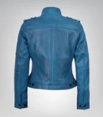 Women’s Premium Blue Leather Biker Jacket Waxed Lambskin - Image 4