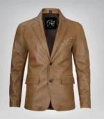 Stylish men’s camel brown leather blazer jacket featuring two-button design