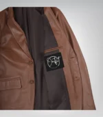 Stylish men’s cognac leather blazer featuring two-button design and notch lapel