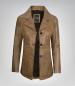 Stylish women’s camel leather blazer featuring three-button design