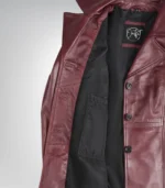 Stylish women’s burgundy leather blazer featuring three-button design