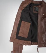 Genuine cognac leather biker jacket for women with quilted shoulders