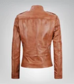 Women’s tan genuine leather moto jacket with asymmetrical closure