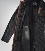 Black quilted leather long coat for women with brown contrast accents