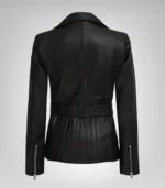 Women’s real leather longline biker jacket in black with waist belt