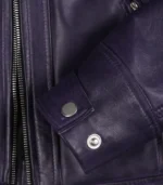 Stylish women’s purple leather biker jacket featuring quilted shoulders