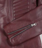 Stylish women’s leather motorcycle jacket in burgundy