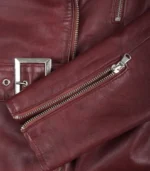 Maroon belted asymmetrical leather jacket for women