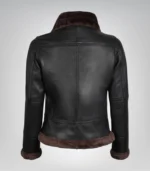 Women’s genuine dark brown leather bomber jacket with soft shearling details