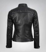 Women’s Black Leather Motorcycle-Style Jacket with Quilted Detail - Image 6