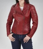 Red genuine leather asymmetrical biker jacket for women