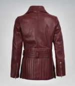 Asymmetrical Maroon Leather Biker Jacket for Women with Belted Detail - Image 6