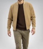 Men’s Camel Brown Real Suede Bomber Jacket Premium Zip Front Style - Image 6