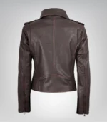 Dark Brown Women’s Leather Biker Jacket with Asymmetrical Closure - Image 7