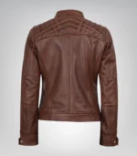 Women’s Cognac Moto Leather Jacket with Quilted Shoulder Detail - Image 7