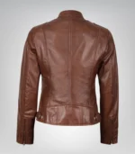 Women's Cognac Waxed Motorcycle-Style Leather Jacket - Image 8