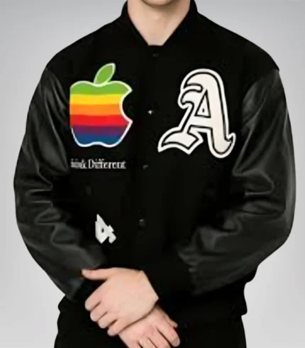 Chad Johnson Ochocinco black varsity jacket with wool body and vegan leather sleeves