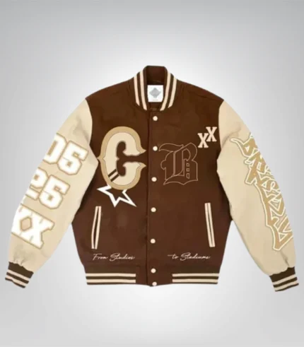 Chris Brown MT wool varsity jacket with leather sleeves for unisex