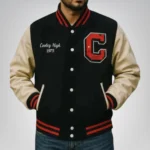 Cooley High black and off white wool letterman varsity jacket with leather sleeves